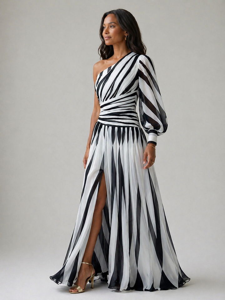 Leah | Elegant Striped Maxi Dress with One Shoulder