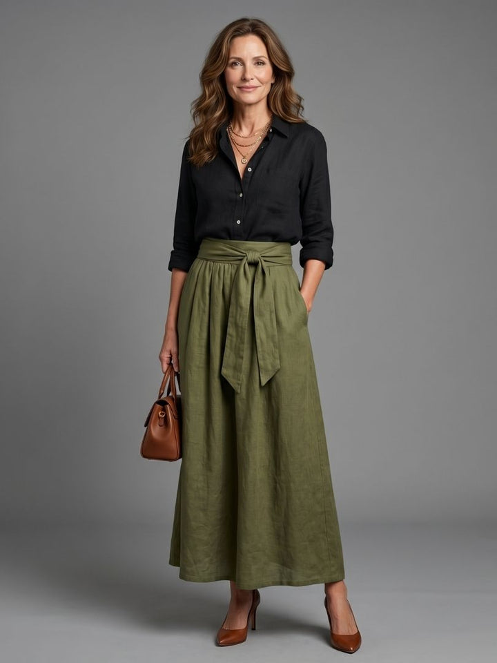 Peyton | Two Piece Set Black Blouse Olive Green Midi Skirt