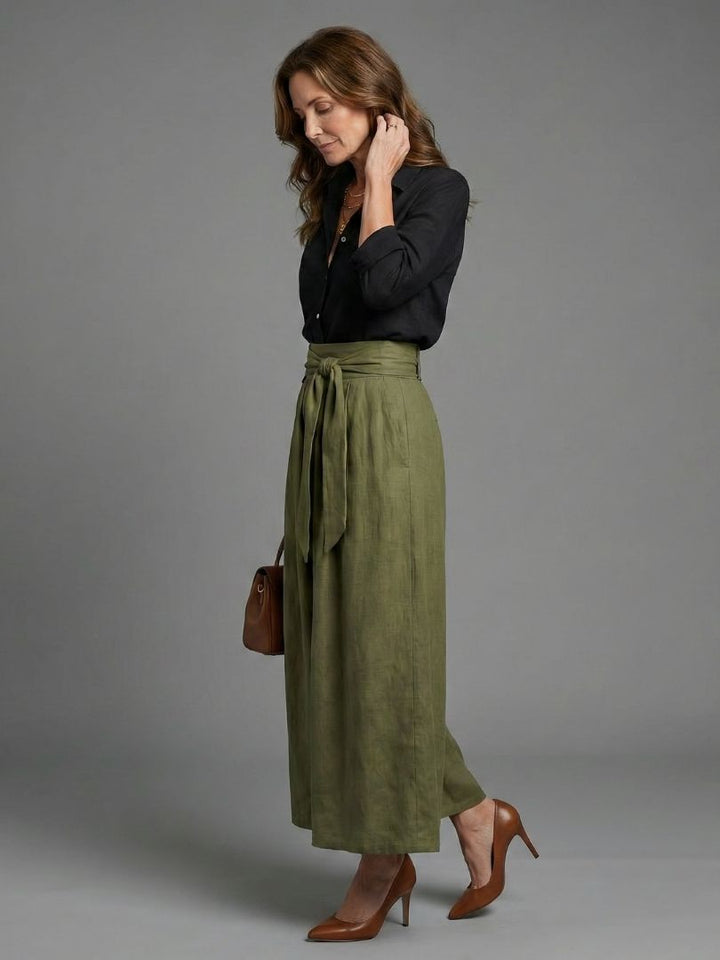 Peyton | Two Piece Set Black Blouse Olive Green Midi Skirt