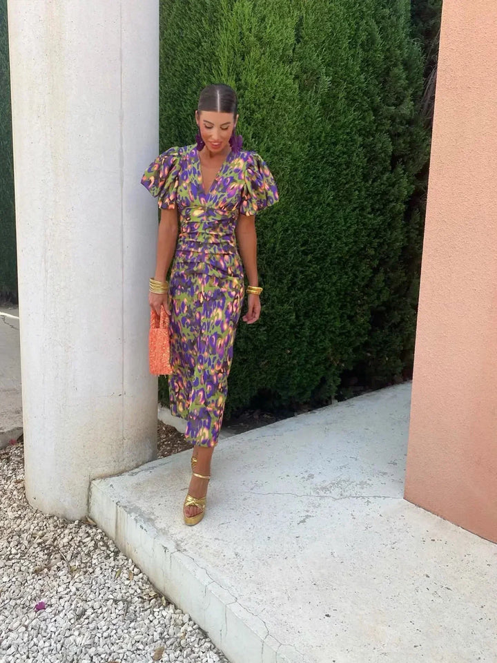 Aurora | Vibrant Midi Dress with Puff Sleeves