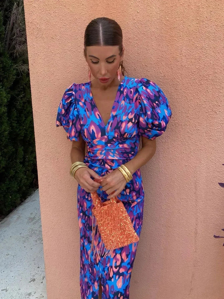 Aurora | Vibrant Midi Dress with Puff Sleeves