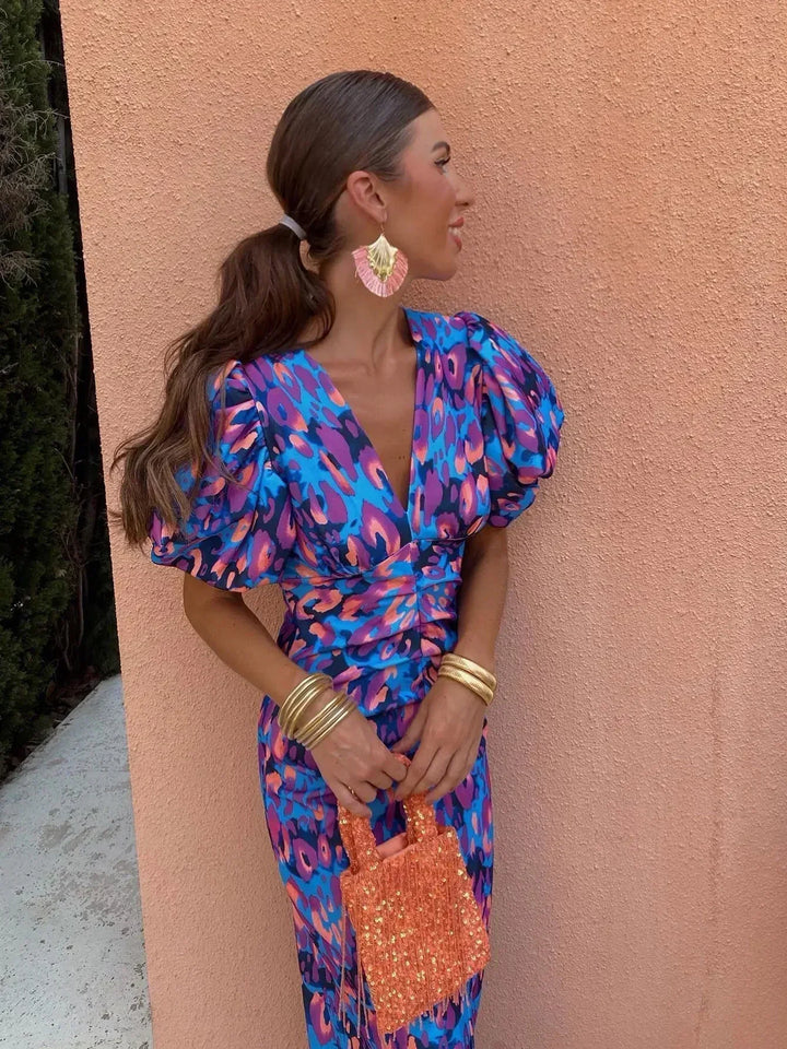 Aurora | Vibrant Midi Dress with Puff Sleeves