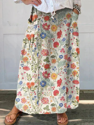 Rosa | Women's Retro Floral Art Elastic Waistband Pocket Skirt