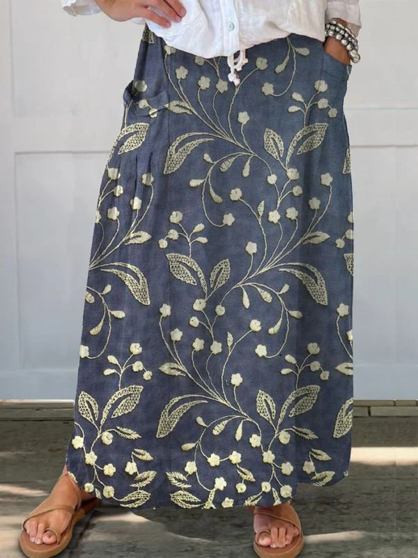 Rosa | Women's Retro Floral Art Elastic Waistband Pocket Skirt