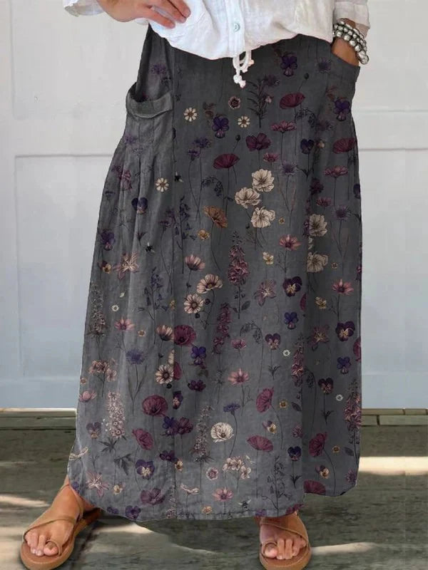 Rosa | Women's Retro Floral Art Elastic Waistband Pocket Skirt