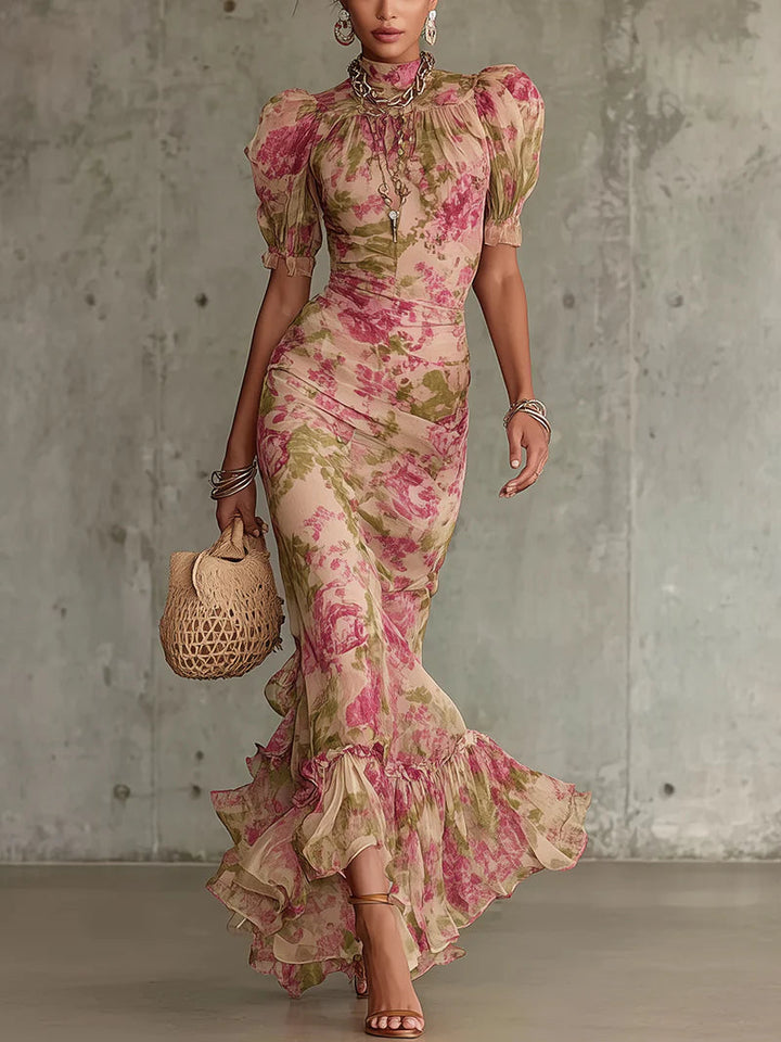 Pascalle | Vintage Rose Print Maxi Dress With Puff Sleeves