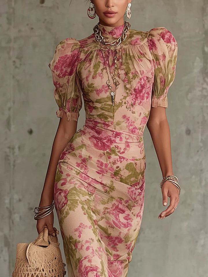 Pascalle | Vintage Rose Print Maxi Dress With Puff Sleeves