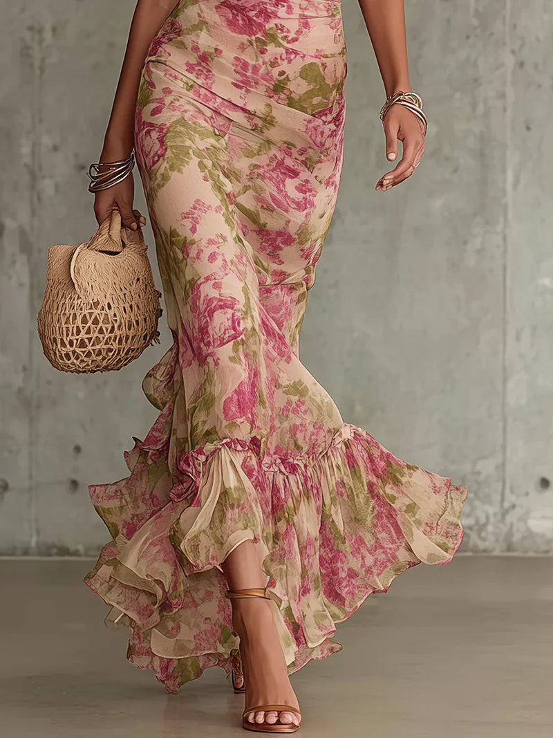 Pascalle | Vintage Rose Print Maxi Dress With Puff Sleeves