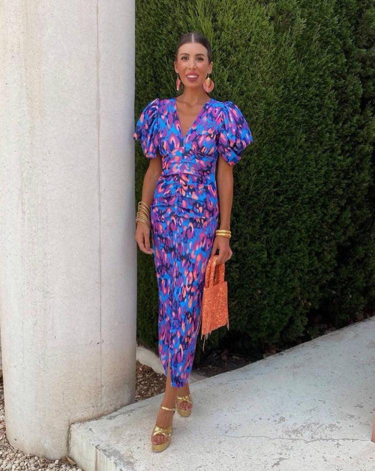 Aurora | Vibrant Midi Dress with Puff Sleeves