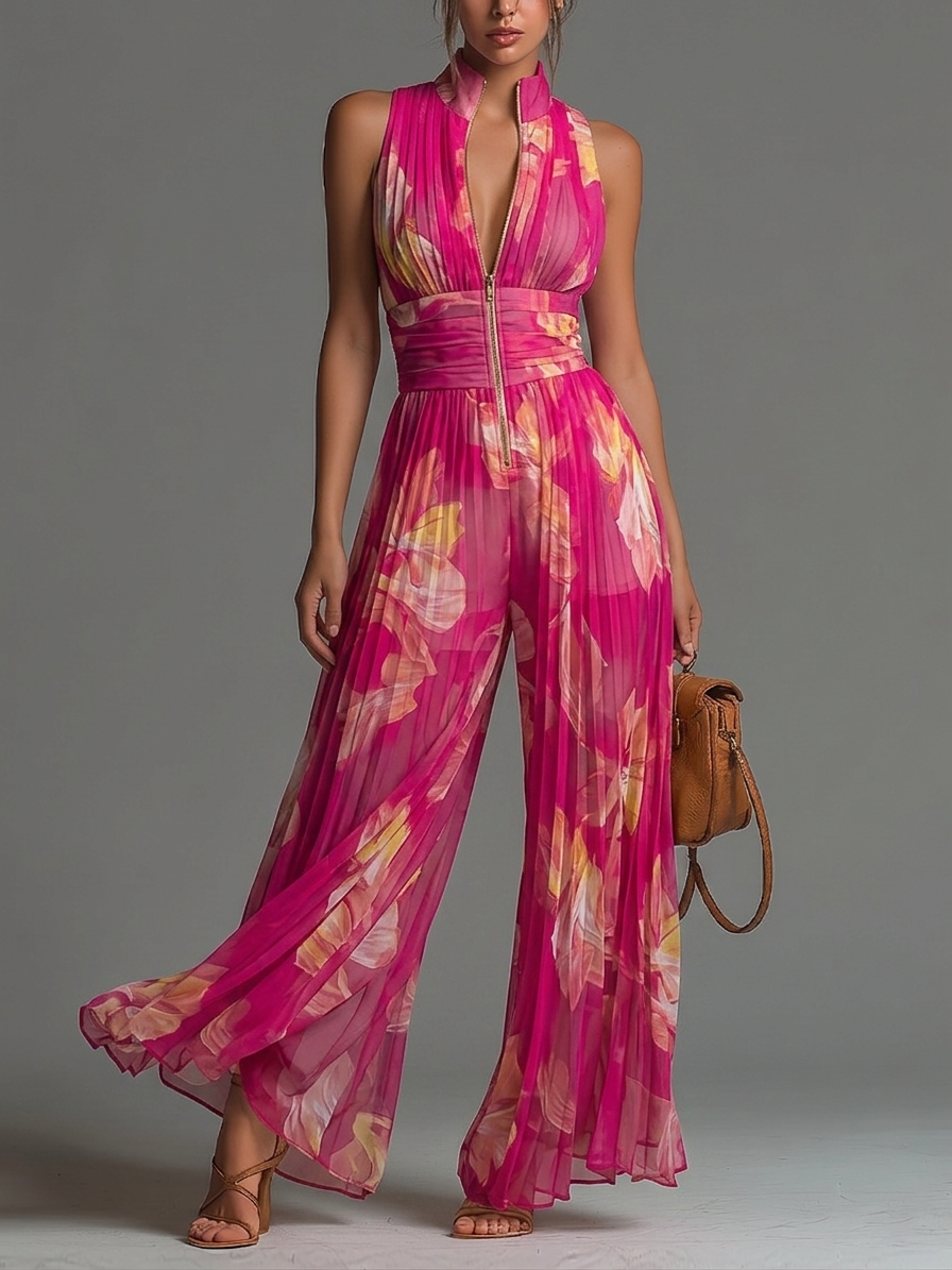 Scarlett | Fuchsia Floral Pleated Chiffon Jumpsuit