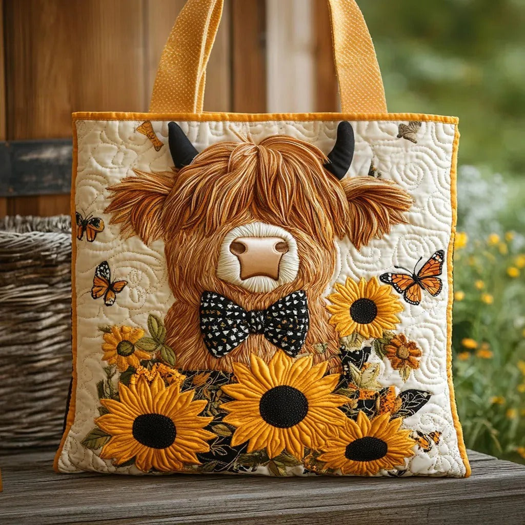 Highland Cow Sunflower Butterfly | Quilted Tote Bag