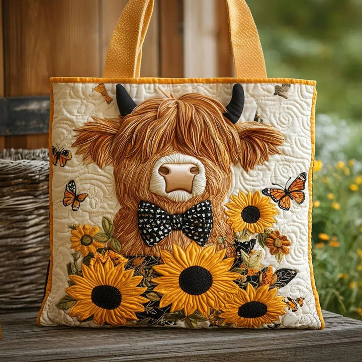 Highland Cow Sunflower Butterfly | Quilted Tote Bag