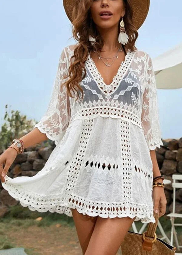 Boholita - Lace Patchwork Hollowed Out Cover Up Dress
