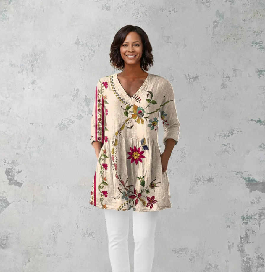 Clara | Long Blouse with V-Neck — Beige