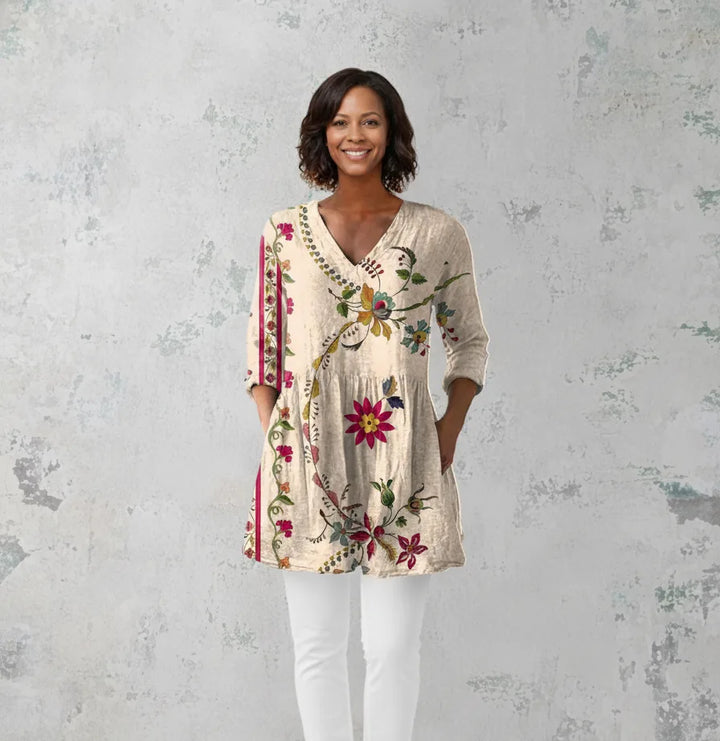 Clara | Long Blouse with V-Neck — Beige