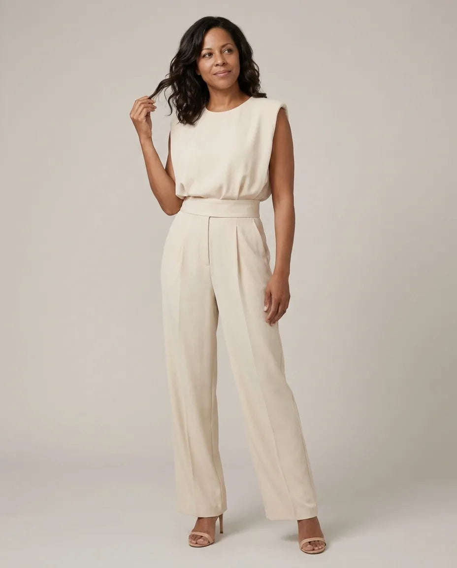 Effortless elegance and a flattering silhouette define the beautiful Clara Jumpsuit. — Beige