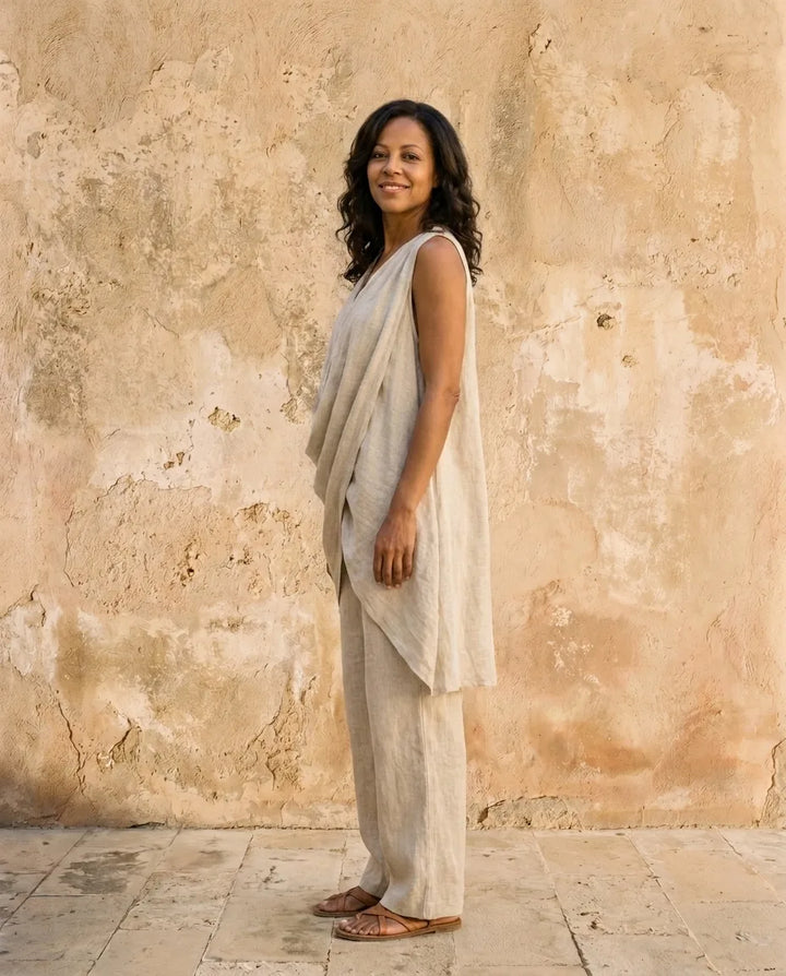 Serena | Sleeveless V-Neck Linen-Blend Set — Beige