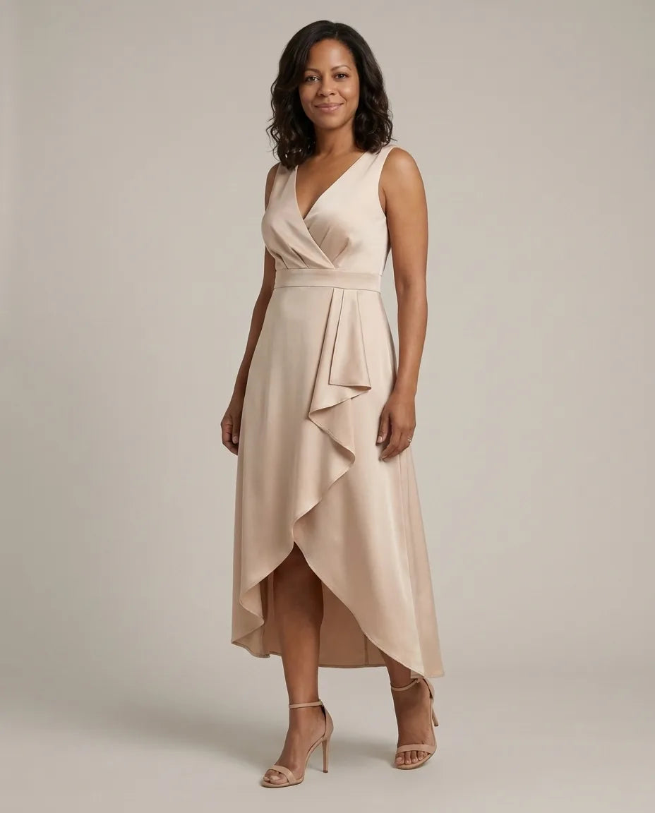 Nora | Midi Wrap Dress with V-Neck — Beige