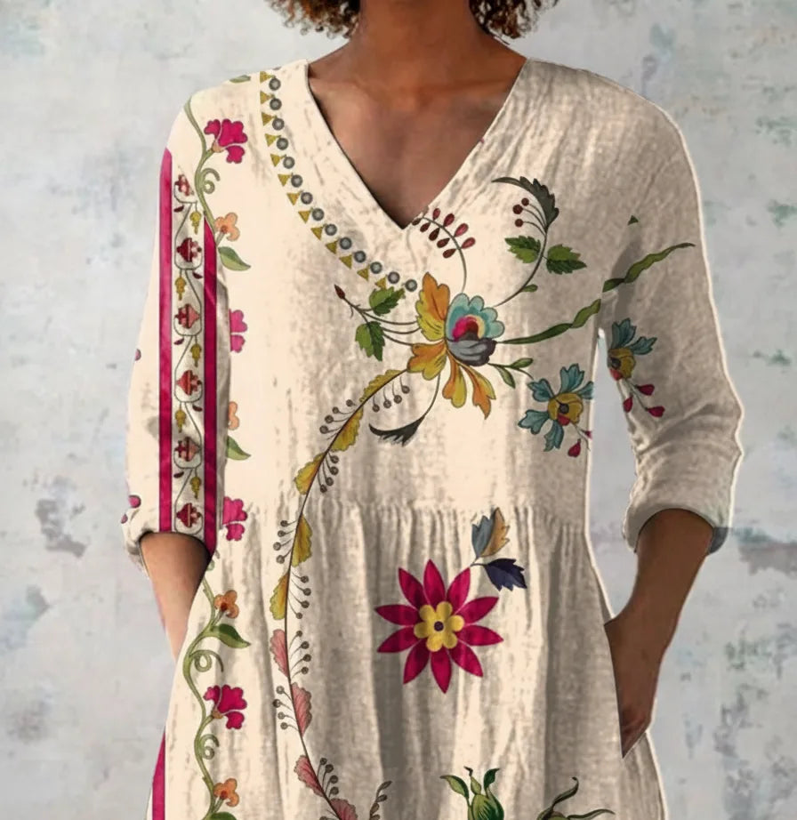 Clara | Long Blouse with V-Neck — Beige