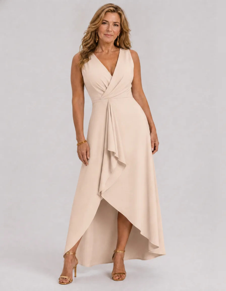 Okla | Sleeveless Wrap High Low Midi Dress — Beige