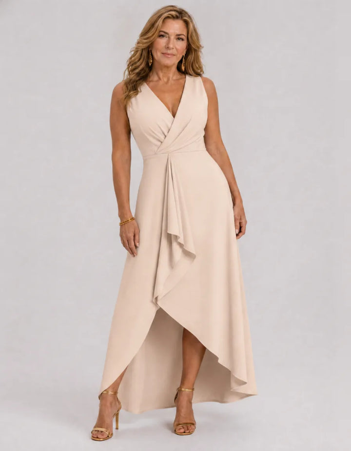 Okla | Sleeveless Wrap High Low Midi Dress — Beige