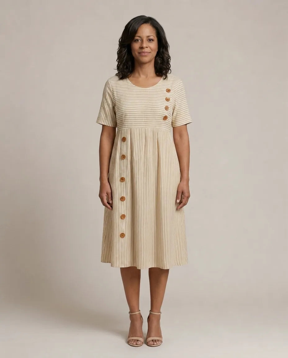 Brienne | Striped Midi Dress — Beige