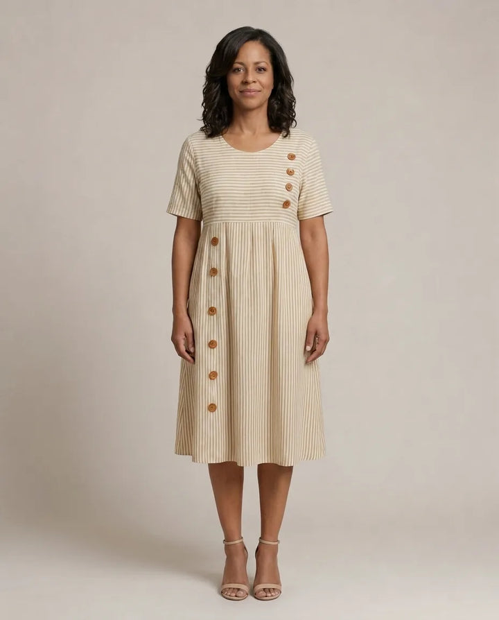 Brienne | Striped Midi Dress — Beige