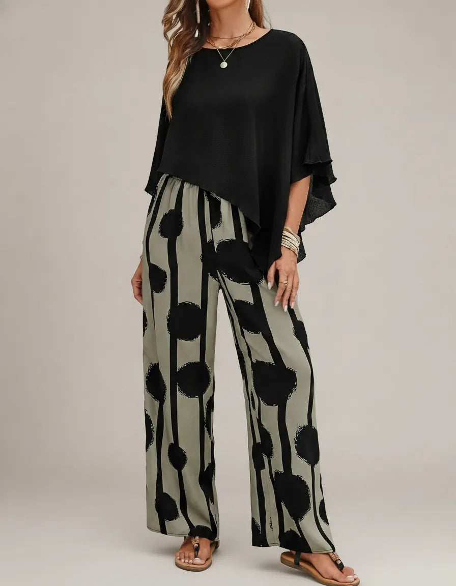 Kalliope | Comfortable Elastic Waist Two-Piece Set — Black & Grey