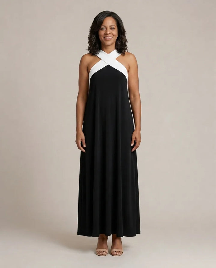 Velora | Cross Elegance Maxi Dress — Black with White Shoulder Detail