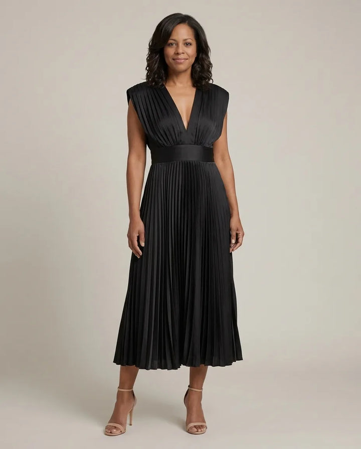 Genevieve | Timeless Pleated Midi Dress — Black