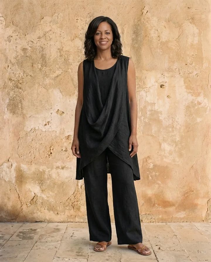 Serena | Sleeveless V-Neck Linen-Blend Set — Black