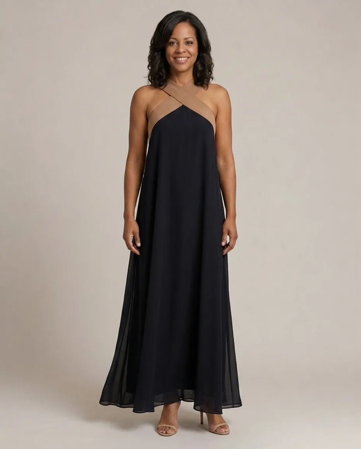 Velora | Cross Elegance Maxi Dress — Black