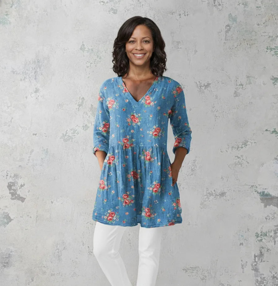 Melanie | Long Blouse with V-Neck — Blue