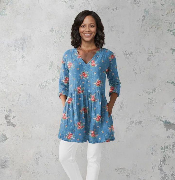Melanie | Long Blouse with V-Neck — Blue