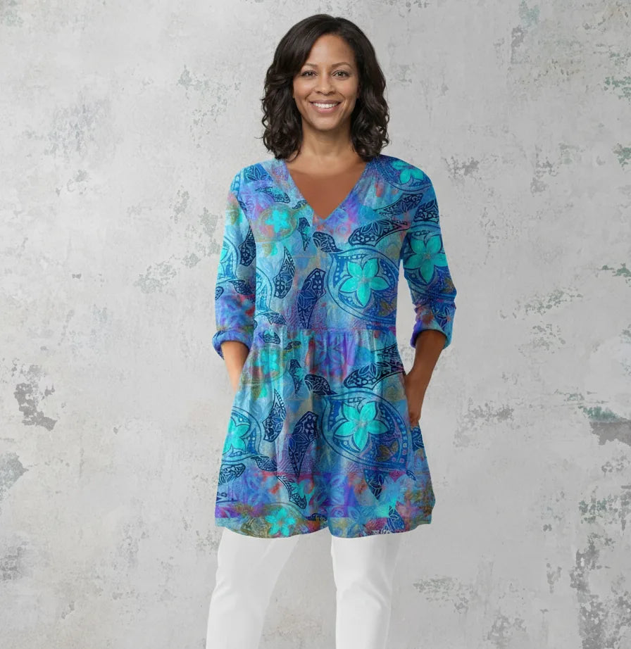 Juliette | Long Blouse with V-Neck — Blue