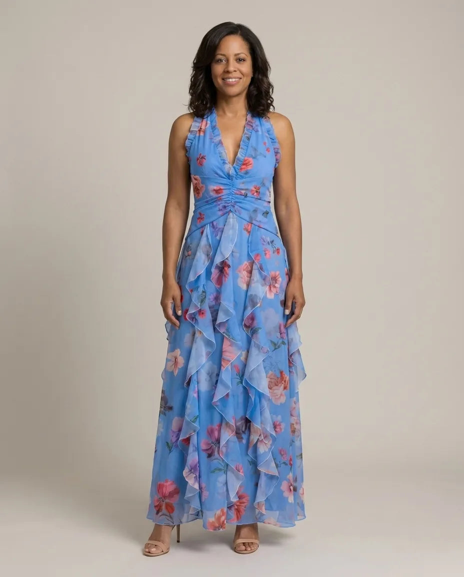Tessa | Halter Neck Ruched Bodice Floral Maxi Dress — Blue