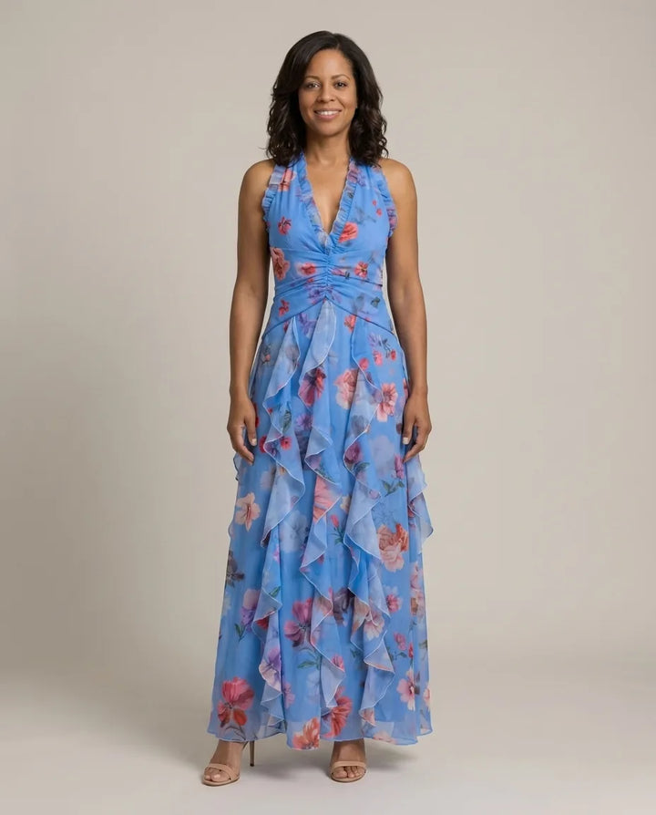 Tessa | Halter Neck Ruched Bodice Floral Maxi Dress — Blue