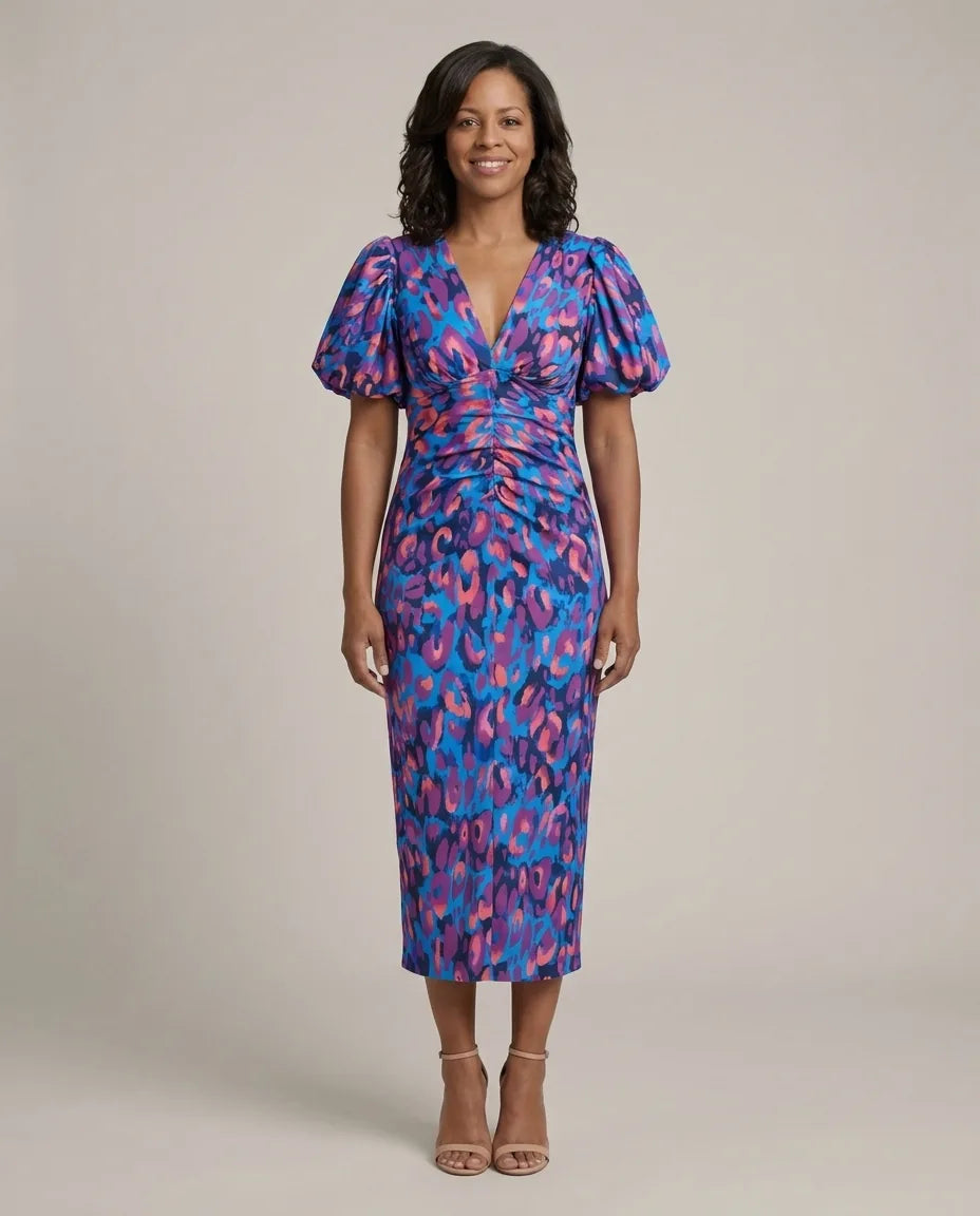Lydia | Vivid Pleated Midi Dress — Blue