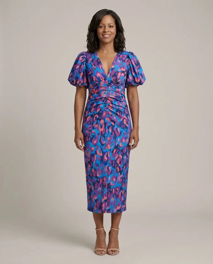 Lydia | Vivid Pleated Midi Dress — Blue
