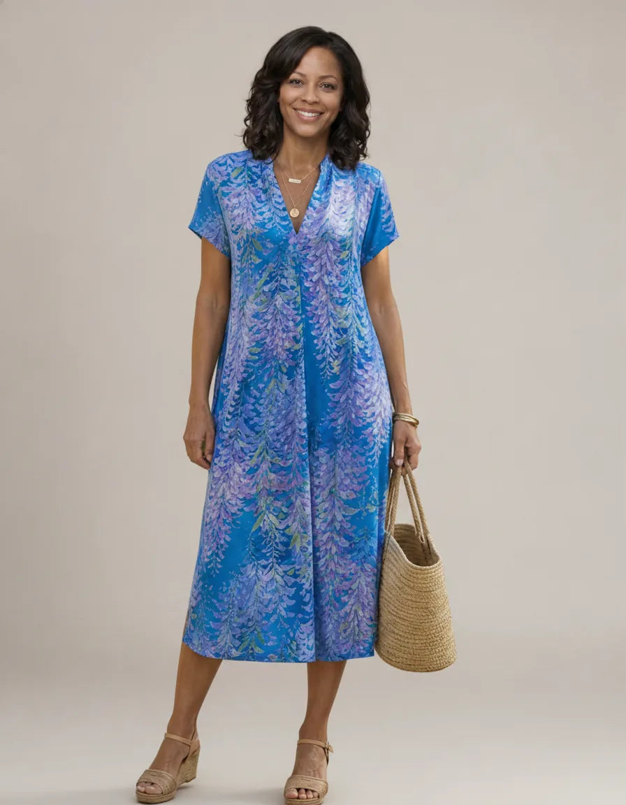 Earling | Floral Collared Short Sleeve Midi Dress — Blue