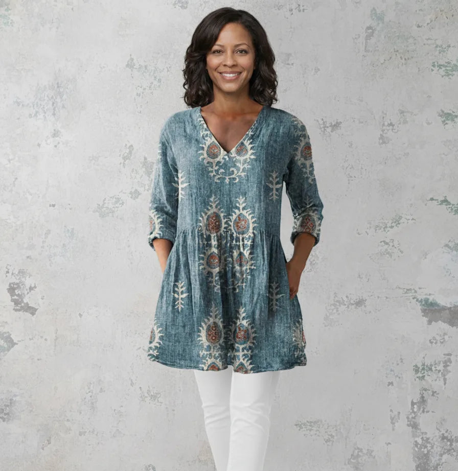 Elise | Long Blouse with V-Neck — Blue