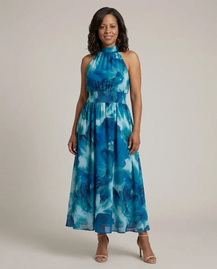 Willow | Gathered Halter Midi Dress — Blue