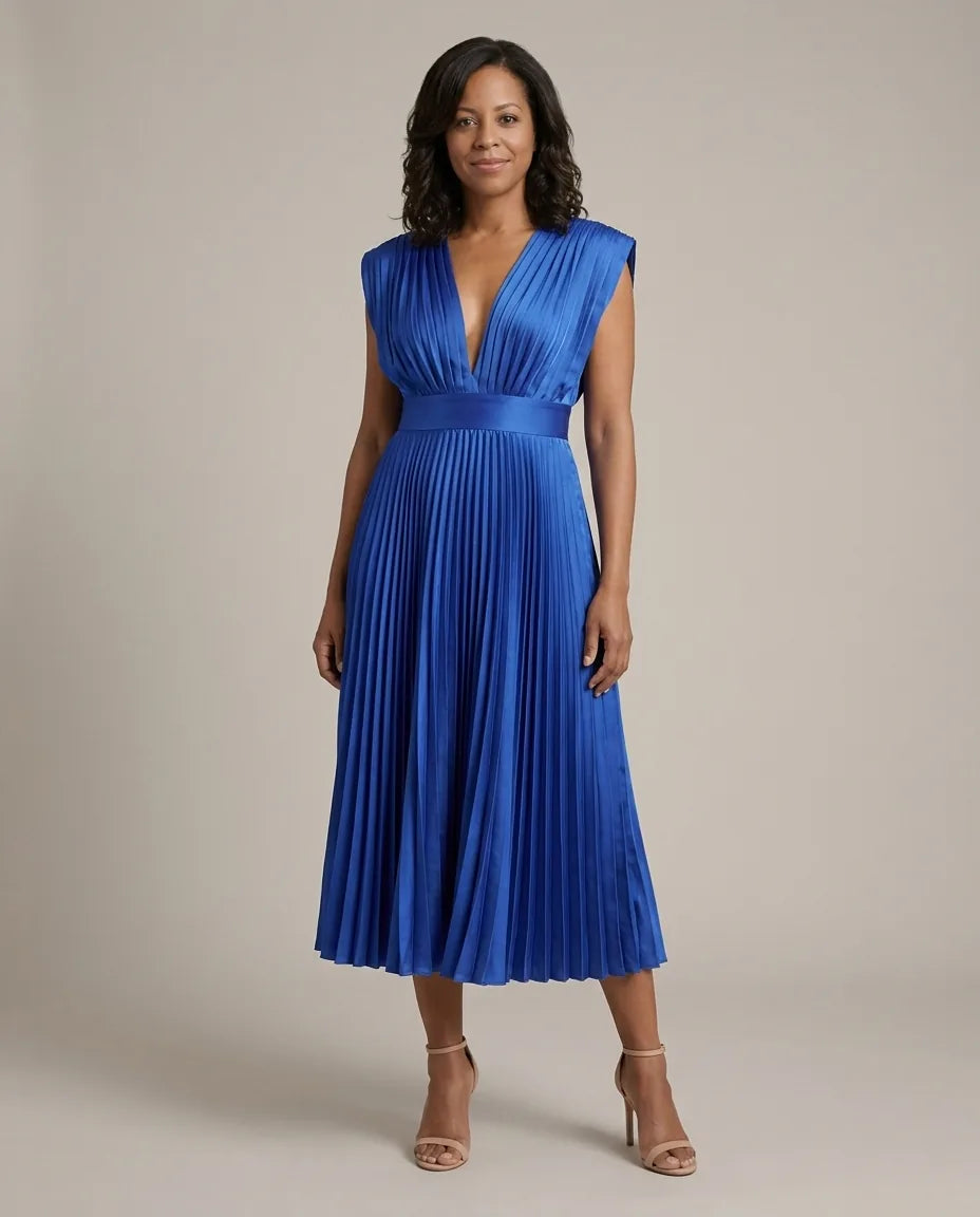 Genevieve | Timeless Pleated Midi Dress — Blue