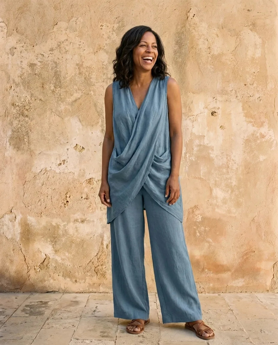 Serena | Sleeveless V-Neck Linen-Blend Set — Blue