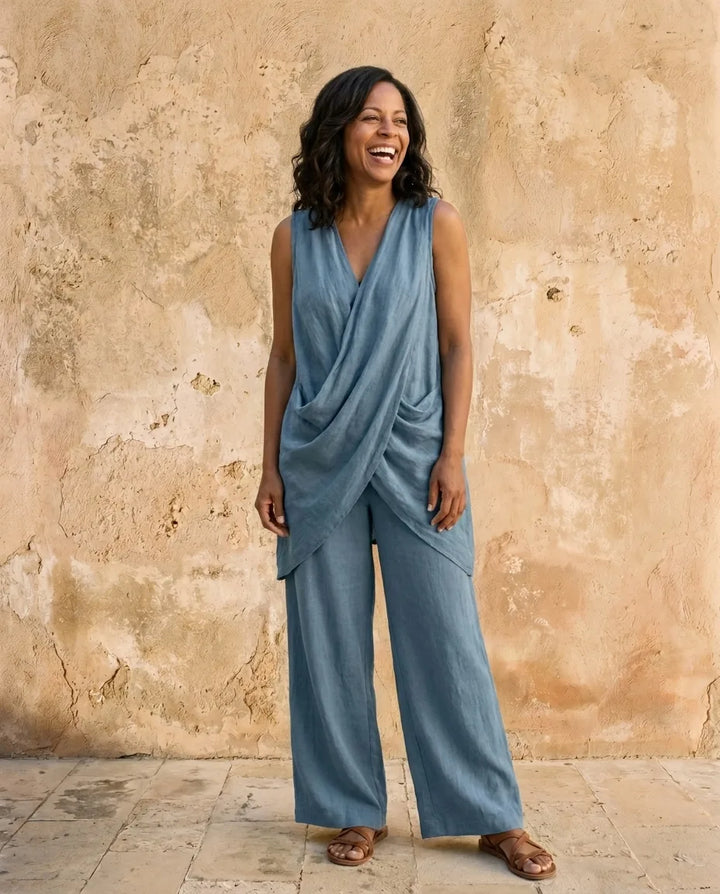 Serena | Sleeveless V-Neck Linen-Blend Set — Blue