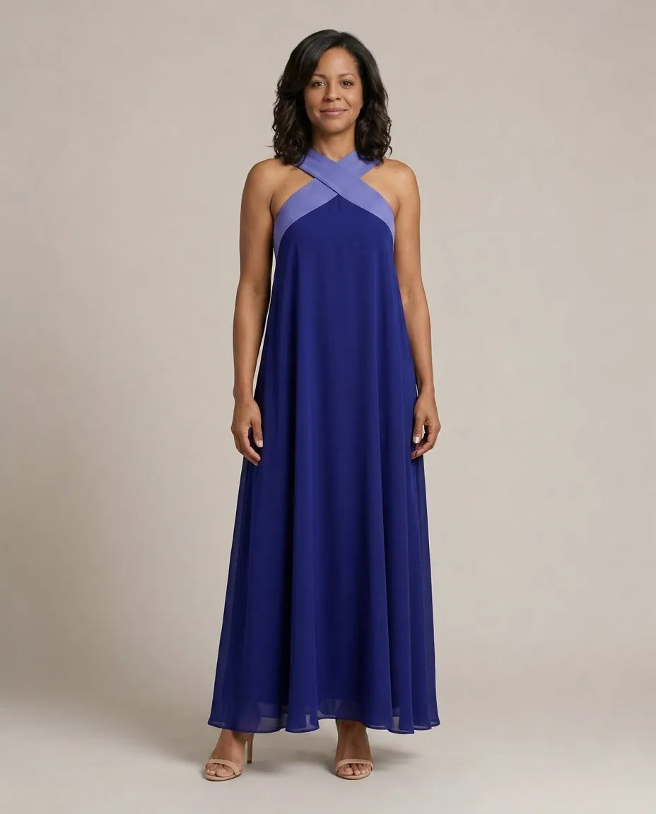Velora | Cross Elegance Maxi Dress — Blue