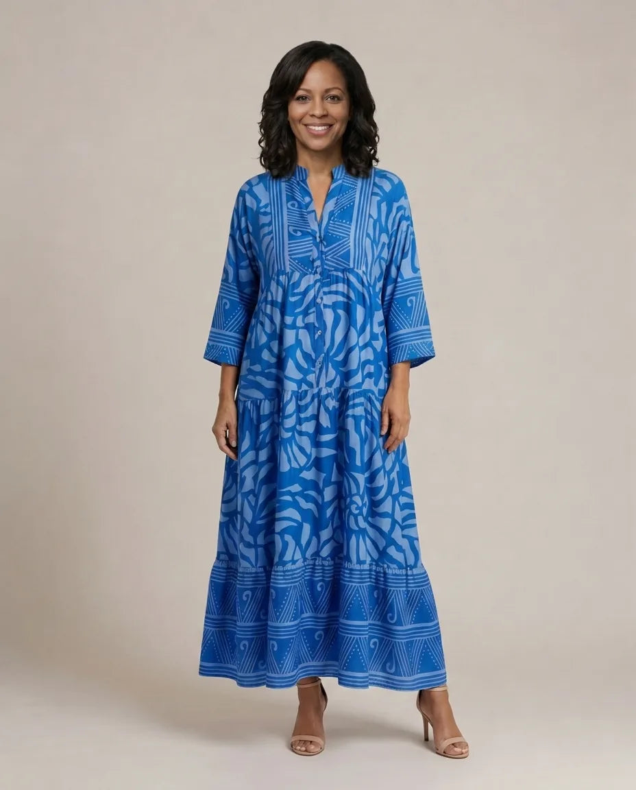 Marielle | Button Front Midi Dress — Blue