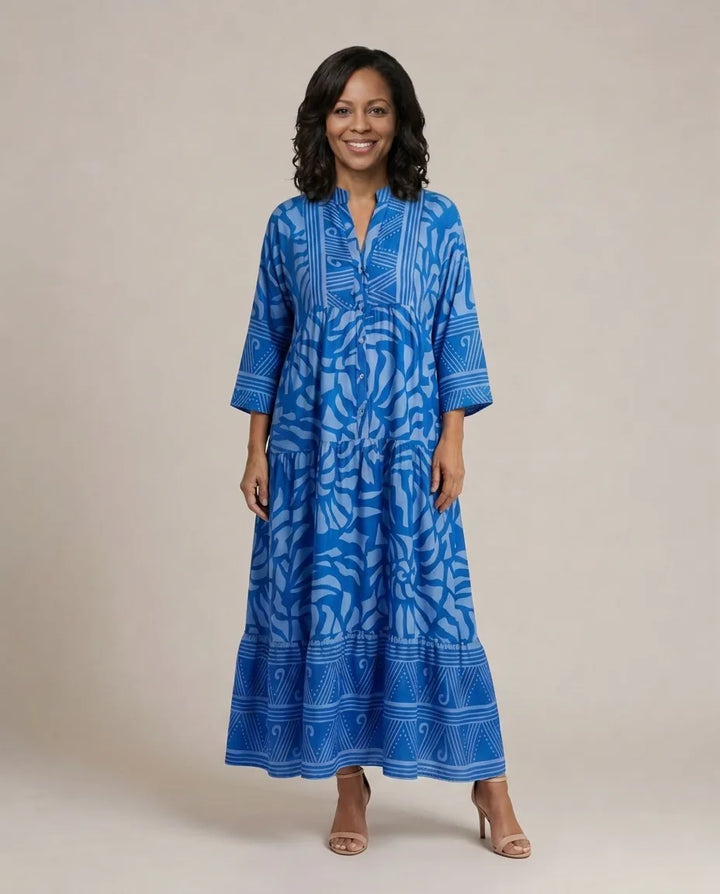 Marielle | Button Front Midi Dress — Blue