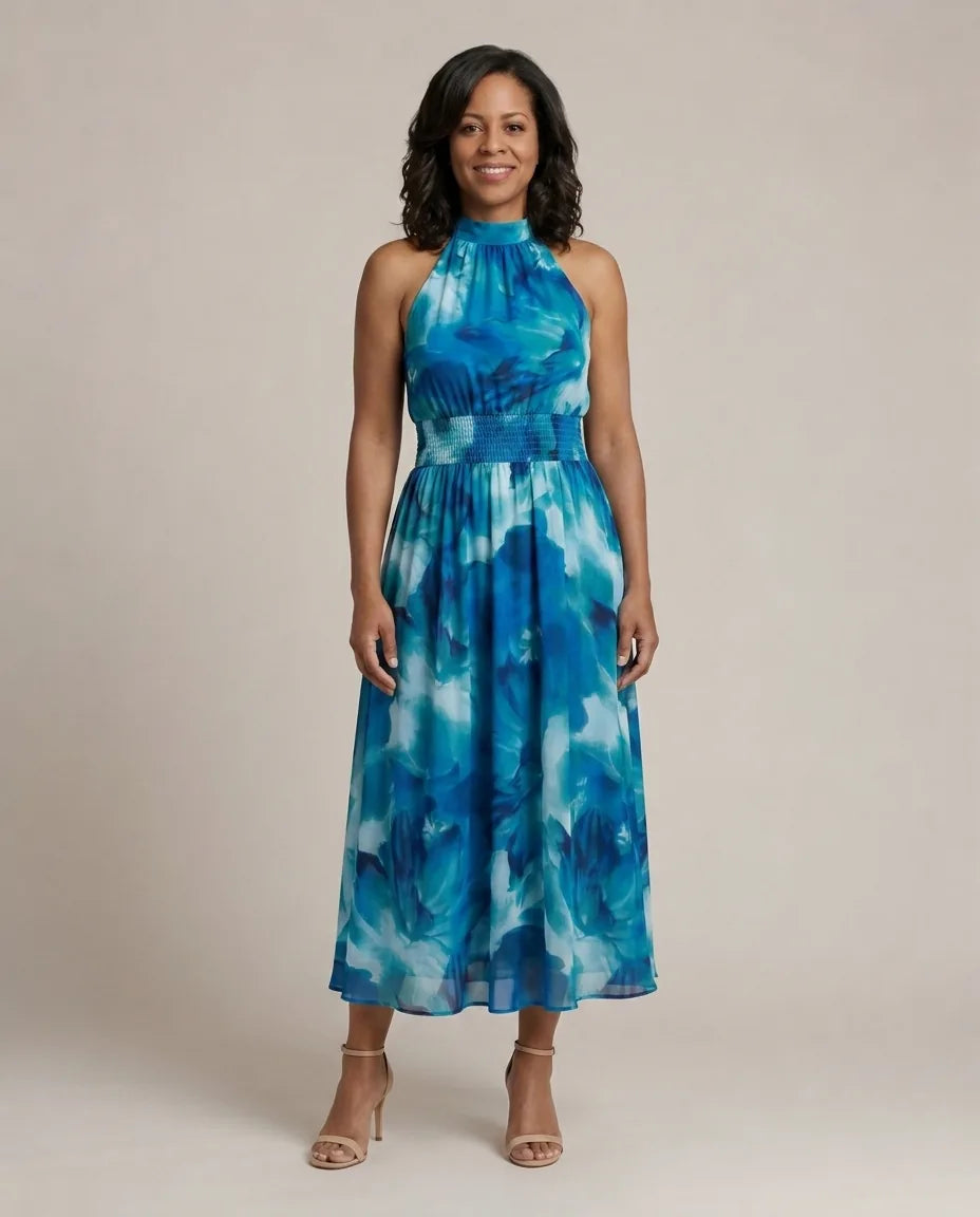 Sylin | Gathered Halter Midi Dress — Blue