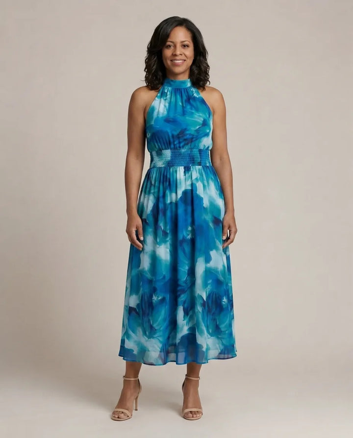 Sylin | Gathered Halter Midi Dress — Blue